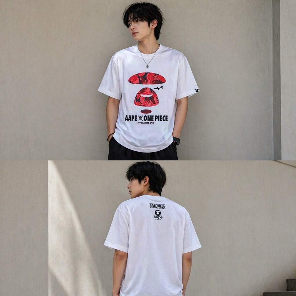 KAOS OVERSIZE A BATHING APE BAOE X AAPE X ONE PIECE CAMO RED PRINTED WHITE TEES BESTSELLER