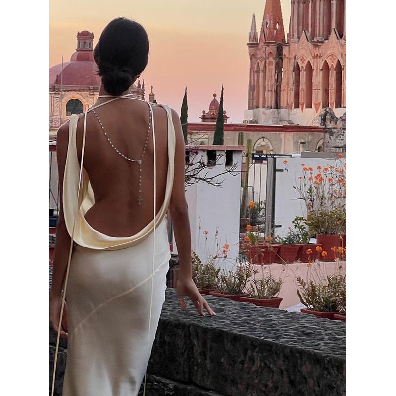 Litnation.id - Javert backless flowy silk draped string maxi bodycon dress