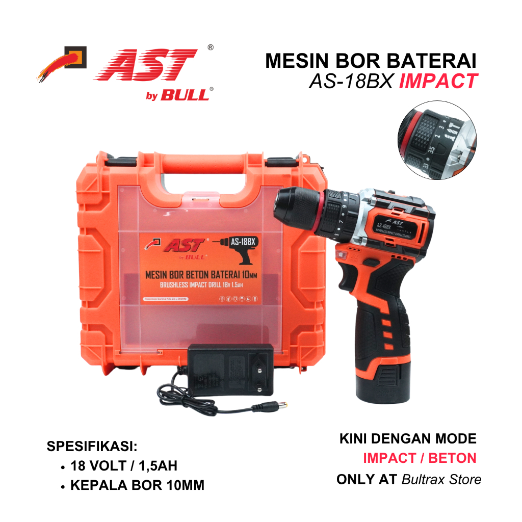 AST Mesin Bor Baterai AS-18BX IMPACT BETON BRUSHLESS AS18BX 18V 10mm / Cordless Drill 18BX BRUSHLESS
