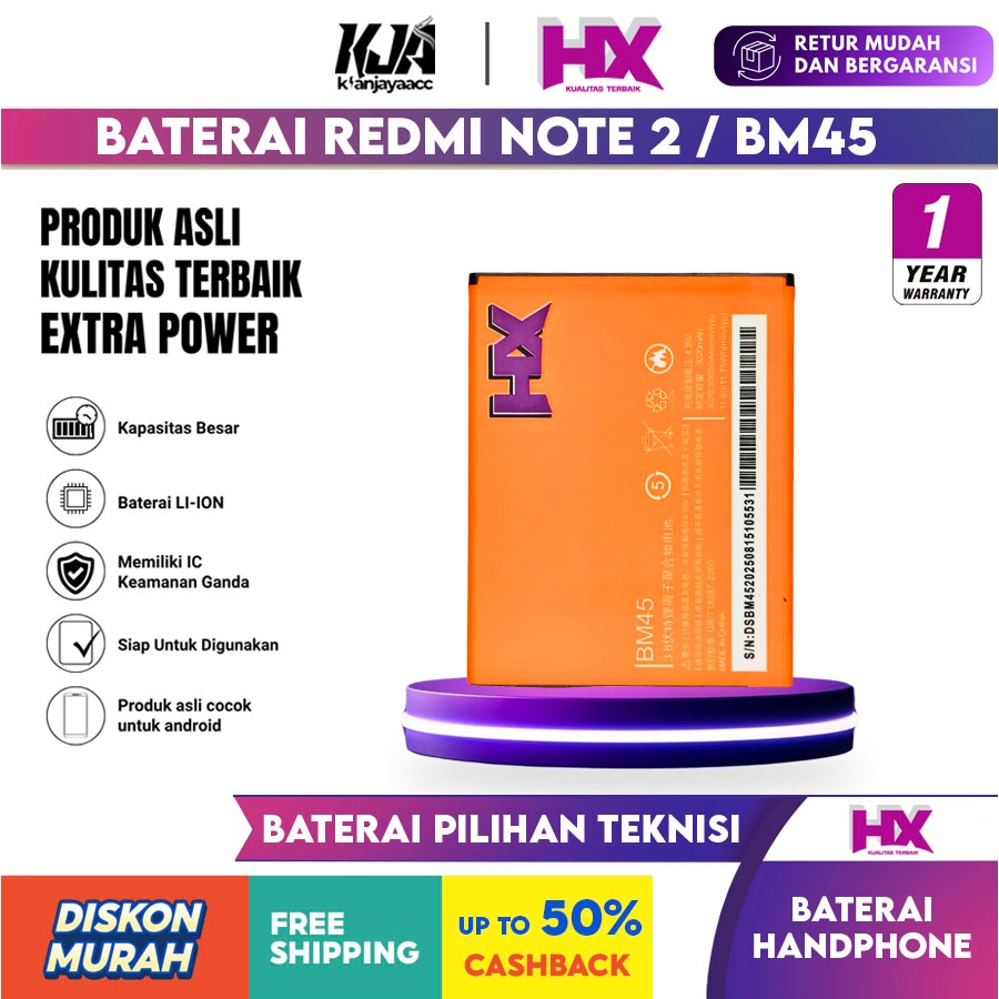 [Garansi 100% Ori] Baterai Redmi Note 2 BM45 Batre Batrai Battery Original