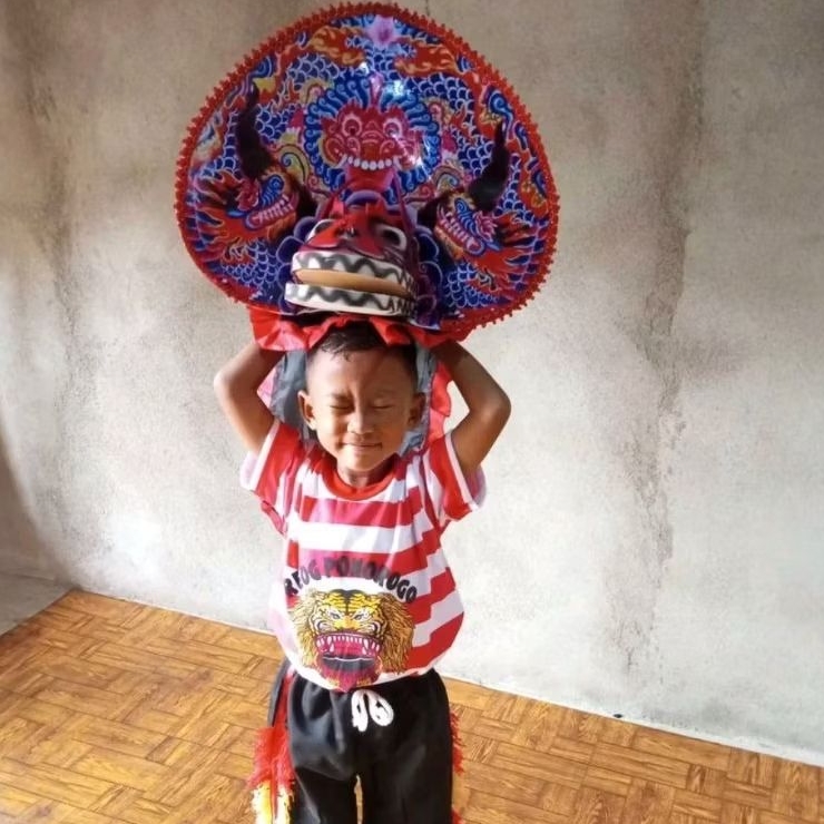 Set Kostum Reog Ponorogo Anak Lengkap Kaos Reog Celana Jaranan Embong + Caplokan Spon Sablon