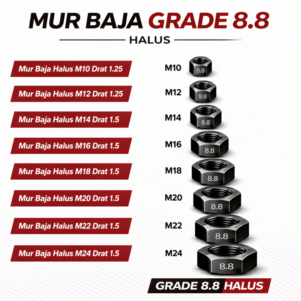 Mur Baja Halus M10 Drat 1.25 / Mur Hex M10 / Mur Hexagon M10 / Mur M10 / Hex Nut M10 Grade 8.8 Halus
