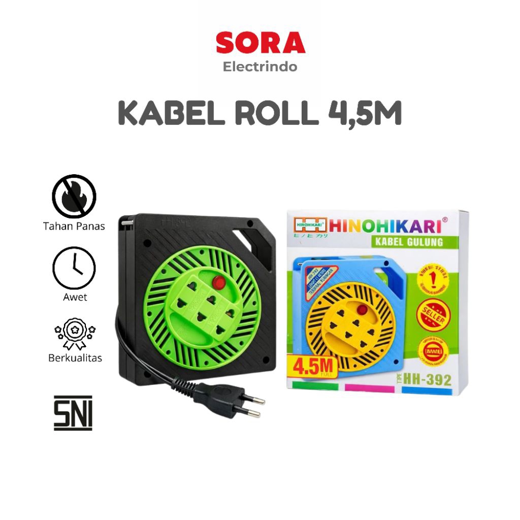 Roll Kabel Box Gulung Stop Kontak 4.5 Meter 3 Lubang + Indikator Lampu Hinohikari Kotak Datar Hitam 