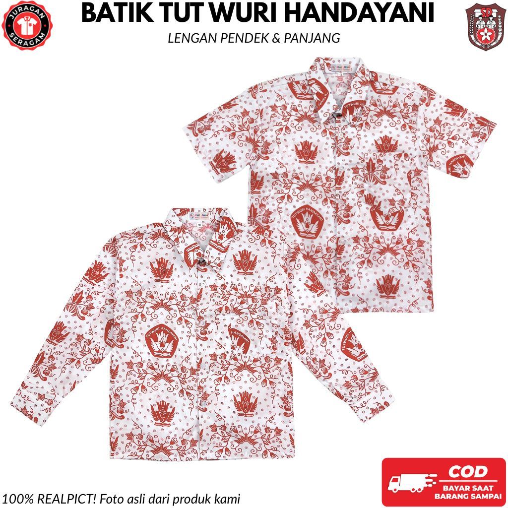Kemeja Batik Tut Wuri Handayani Merah SD Lengan Pendek Panjang Seragam Sekolah