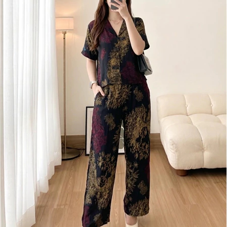 OneSet Crop Setelan Celana Kulot Wanita Rayon Premium Lengan Pendek Celana Panjang Busui Kekinian Te