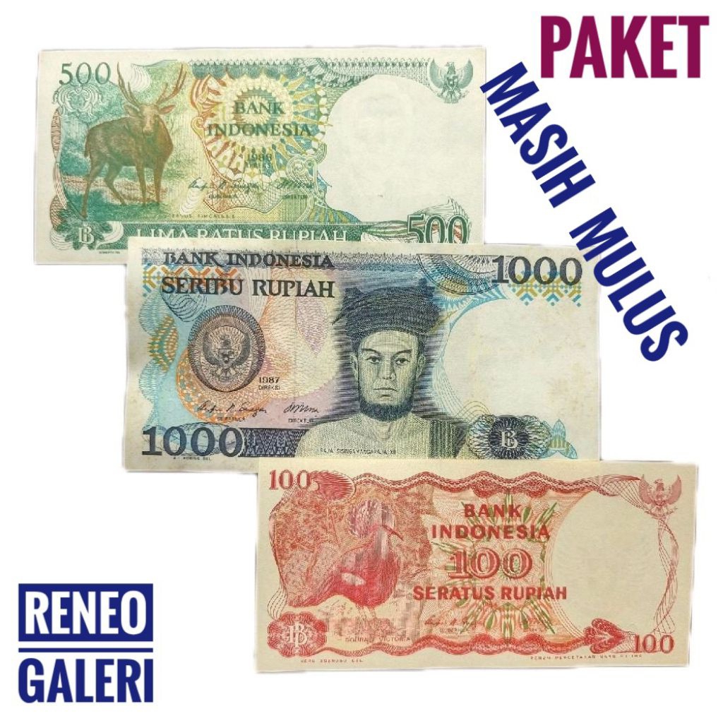 Paket 3 lembar Mulus tahun 80an miniset uang kuno 1980an kertas unik asli 100 500 1000 rupiah 1988 1