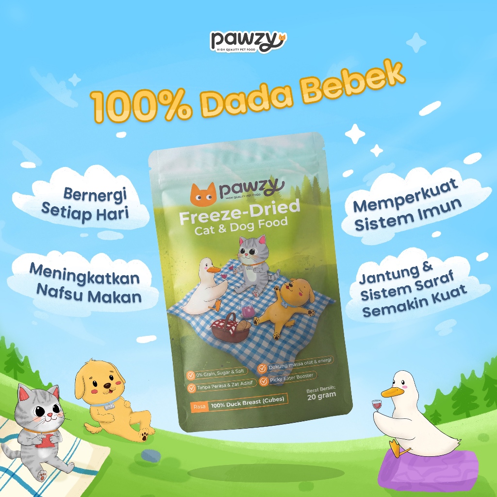 Pawzy Freeze Dried Dada Bebek 20gr - Snack Treat Kucing Anjing Premium 100% Single Ingredient Duck B