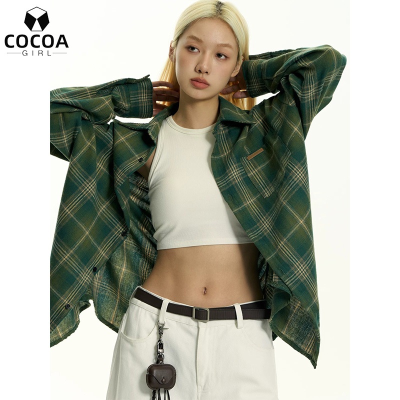 Kemeja Kotak-kotak Lengan Panjang Retro Longgar Untuk Wanita Outer Wanita Motif Kotak Gaya Korea Kem