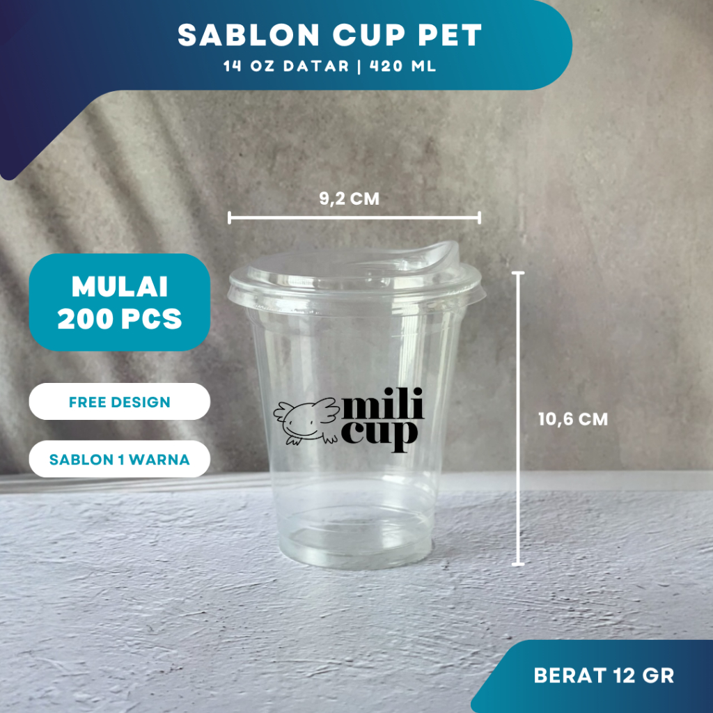 Sablon Gelas Cup Plastik PET 14 Oz Datar Custom Logo | Cetak Gelas Plastik Kopi Cafe Premium Tebal