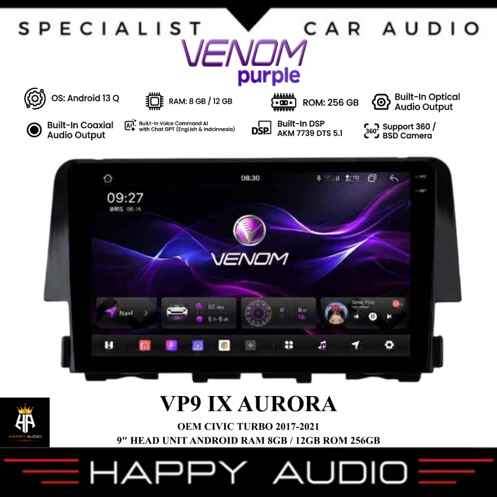 Head Unit Android 9 INCH RAM 8/12 ROM 256GB VENOM Purple VP9 IX AURORA OEM HONDA CIVIC TURBO Tahun 2