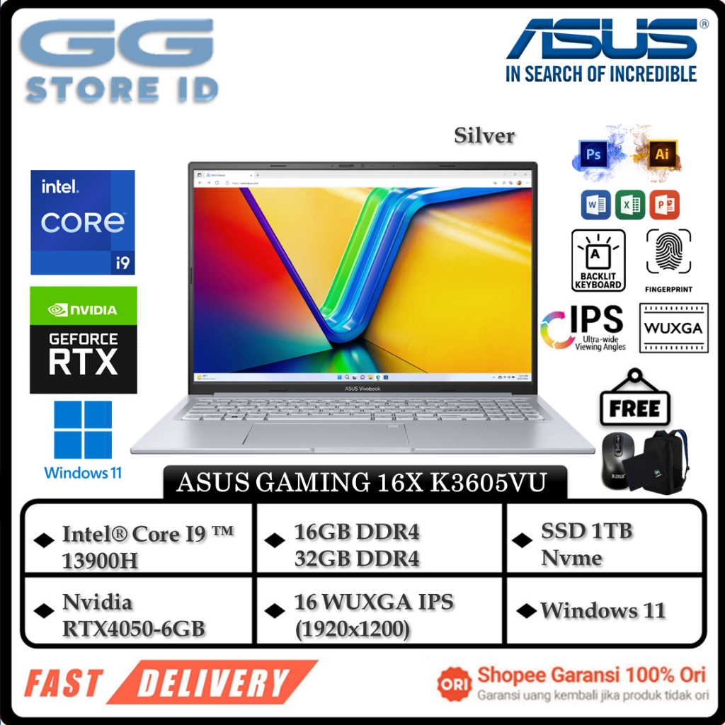 Laptop Gaming ASUS 16X K3605VU Core I9 13900H RTX4050 RAM 32GB SSD 1TB WUXGA IPS Baklit Win11