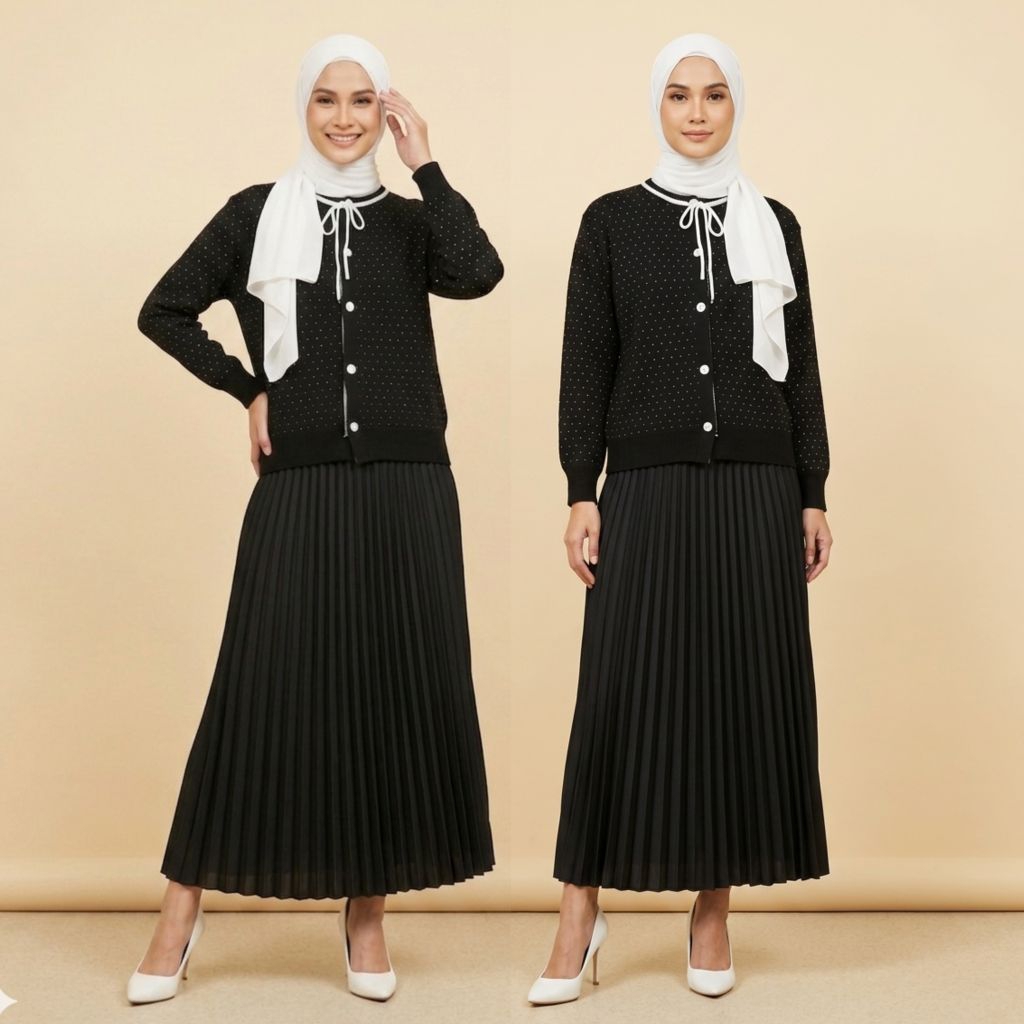 Setelan Wanita Dewasa Azizah Atasan Rajut Tebal Motif Polkadot + Rok Plisket Mayung Terbaru