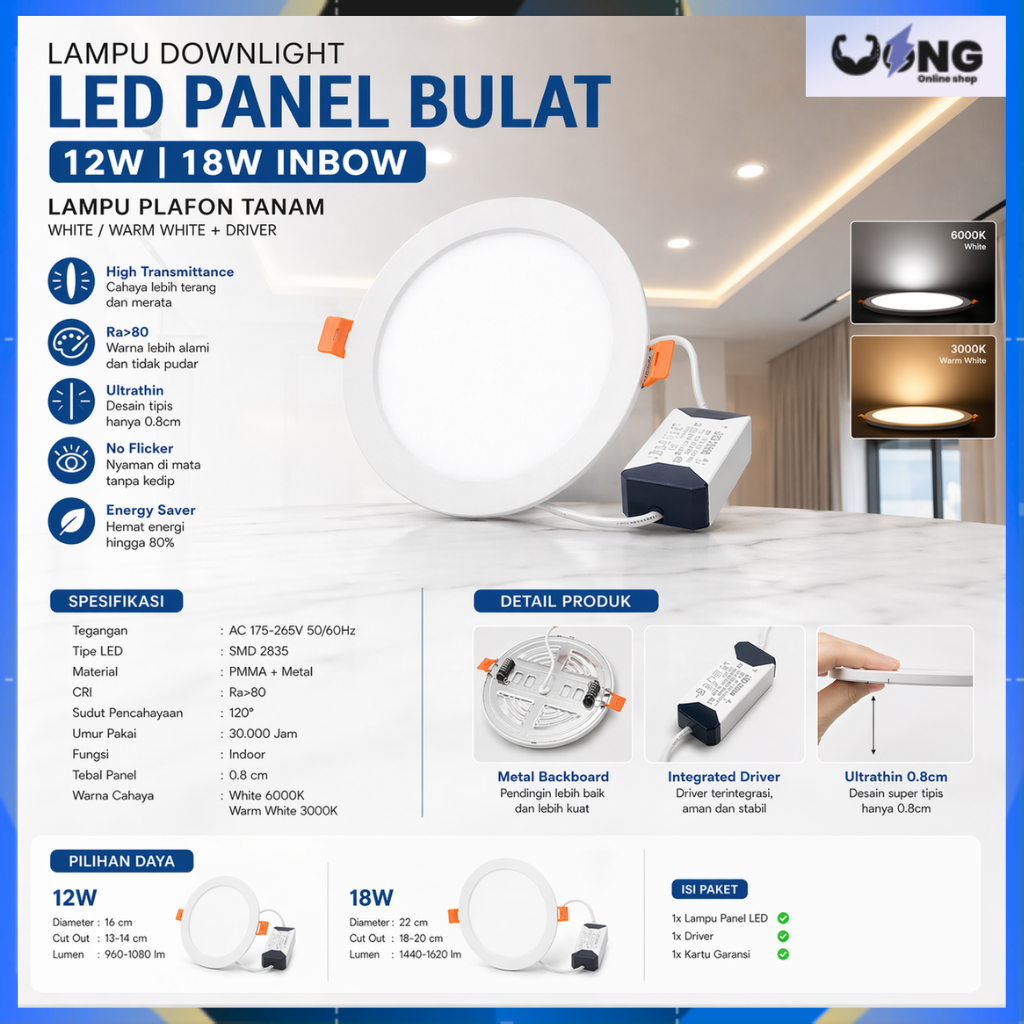 Lampu Downlight LED Panel Bulat 12W 18W Inbow | Lampu Plafon Tanam White / Warm White + Driver