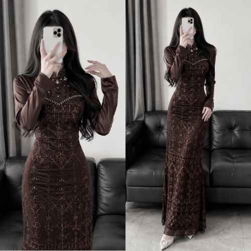 Special Mahogany - Dress Luvita Satin Brokat Premium Full Payet Mewah Elegan Gamis Pesta Kondangan L