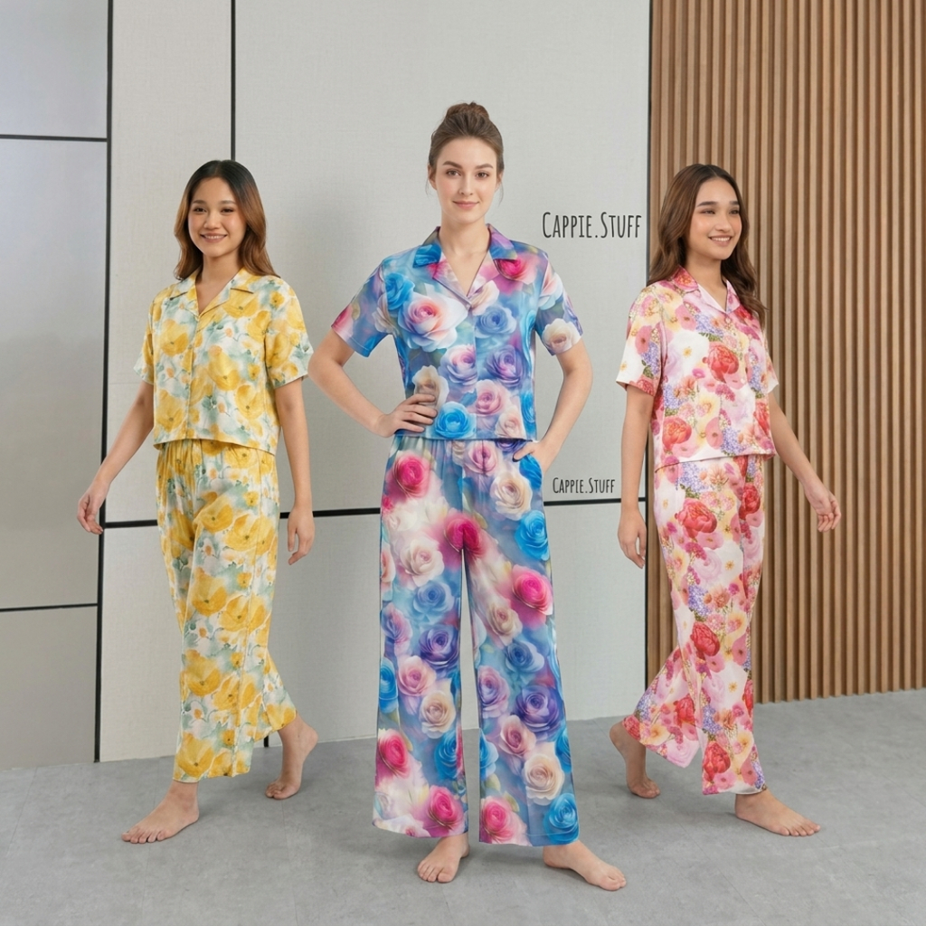 One Set Celana Kulot Crop Floral Rayon Viscose Super Adem Motif Bunga Busui Jumbo Size Pakaian Sleep