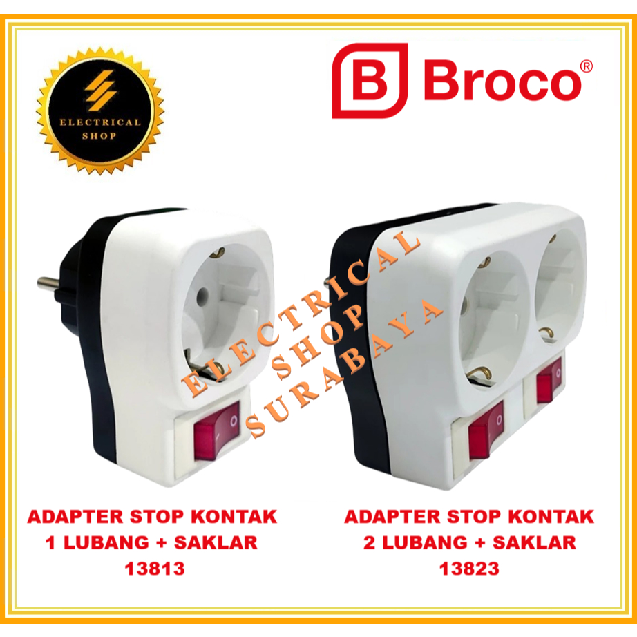 BROCO ADAPTER STOP KONTAK 1 2 LUBANG + STEKER + SAKLAR LAMPU ON OFF 13813 13823 GROSIR ORIGINAL SNI