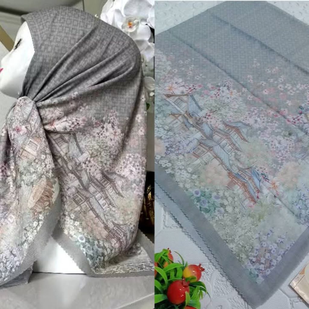 Segiempat Voal Premium Sublim Soft Sage Motif JapaneseHijab Segiempat Voal Kerudung Motif Hijab Voal