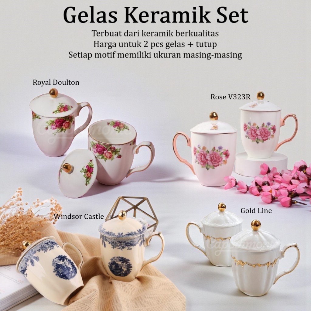 CAPODIMONTE Gelas Keramik dengan Tutup 2 Pcs