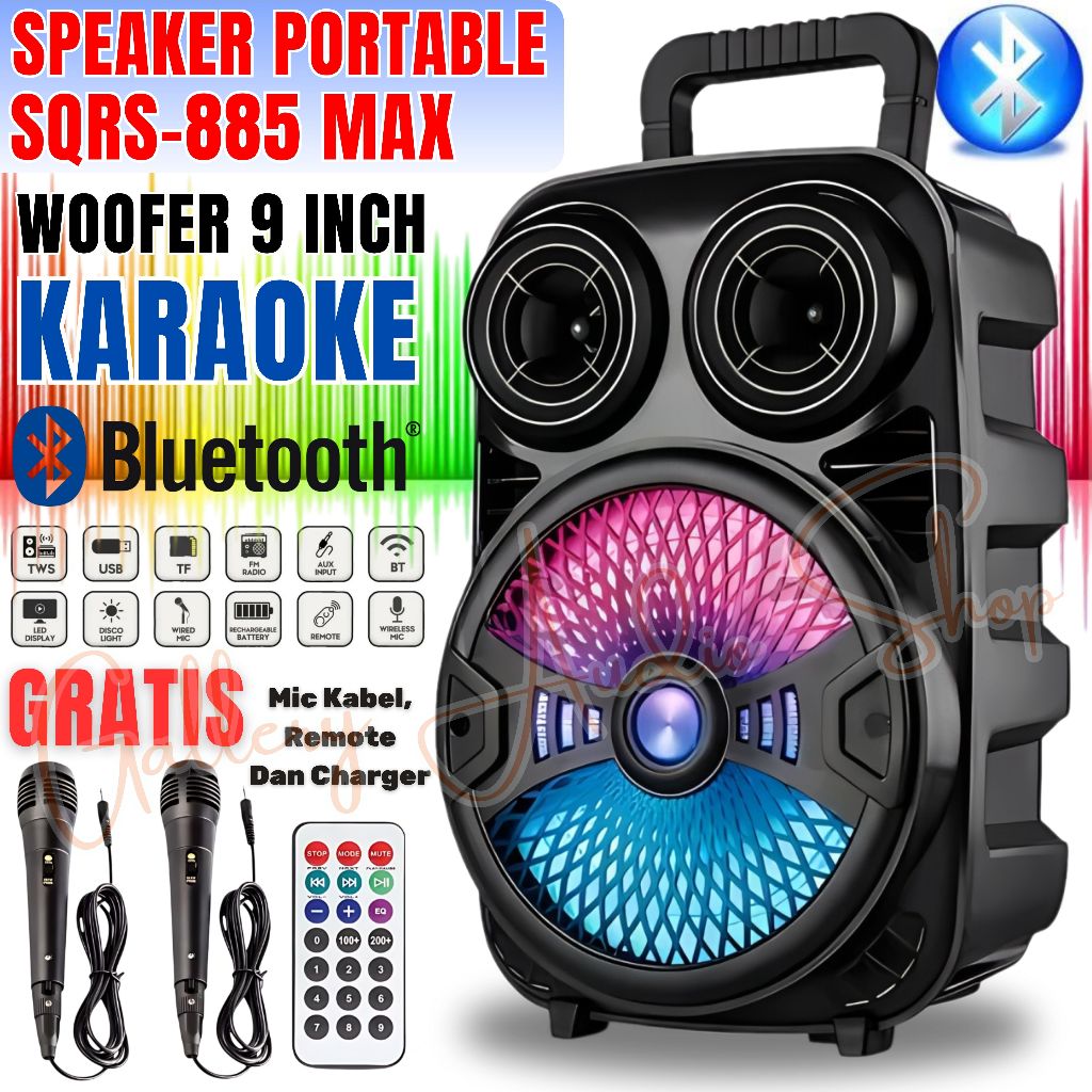 Speaker Bluetooth SQRS 885 MAX LED 9 Inch [ Free 2Pcs Mic Karaoke + Remote + Charger Usb ] | Speaker