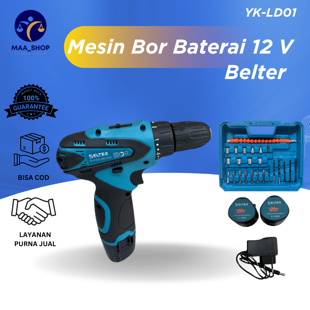 Mesin Bor Baterai 12 Volt Bor Tangan Cordless Drill Set Bor Batre Lengkap