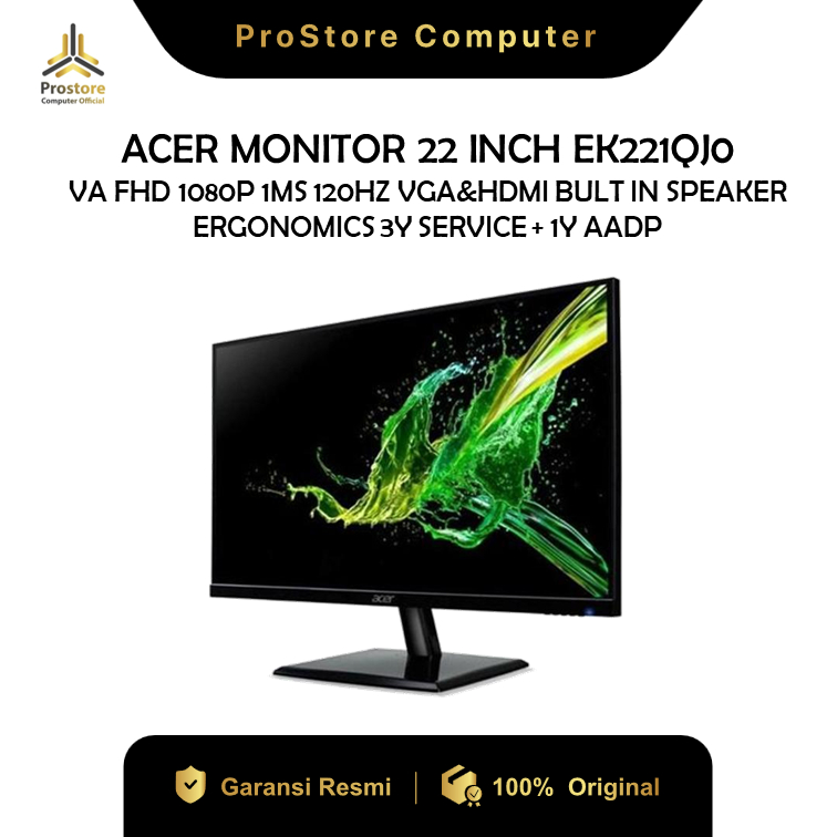 ACER MONITOR 22 INCH EK221QJ0 VA FHD 1080P 1MS 120HZ VGA&HDMI BULT IN SPEAKER ERGONOMICS 3Y SERVICE 