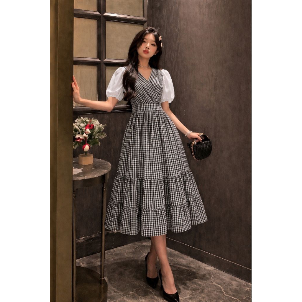 Dress kotak korea / dress wanita / dress terbaru / dres
