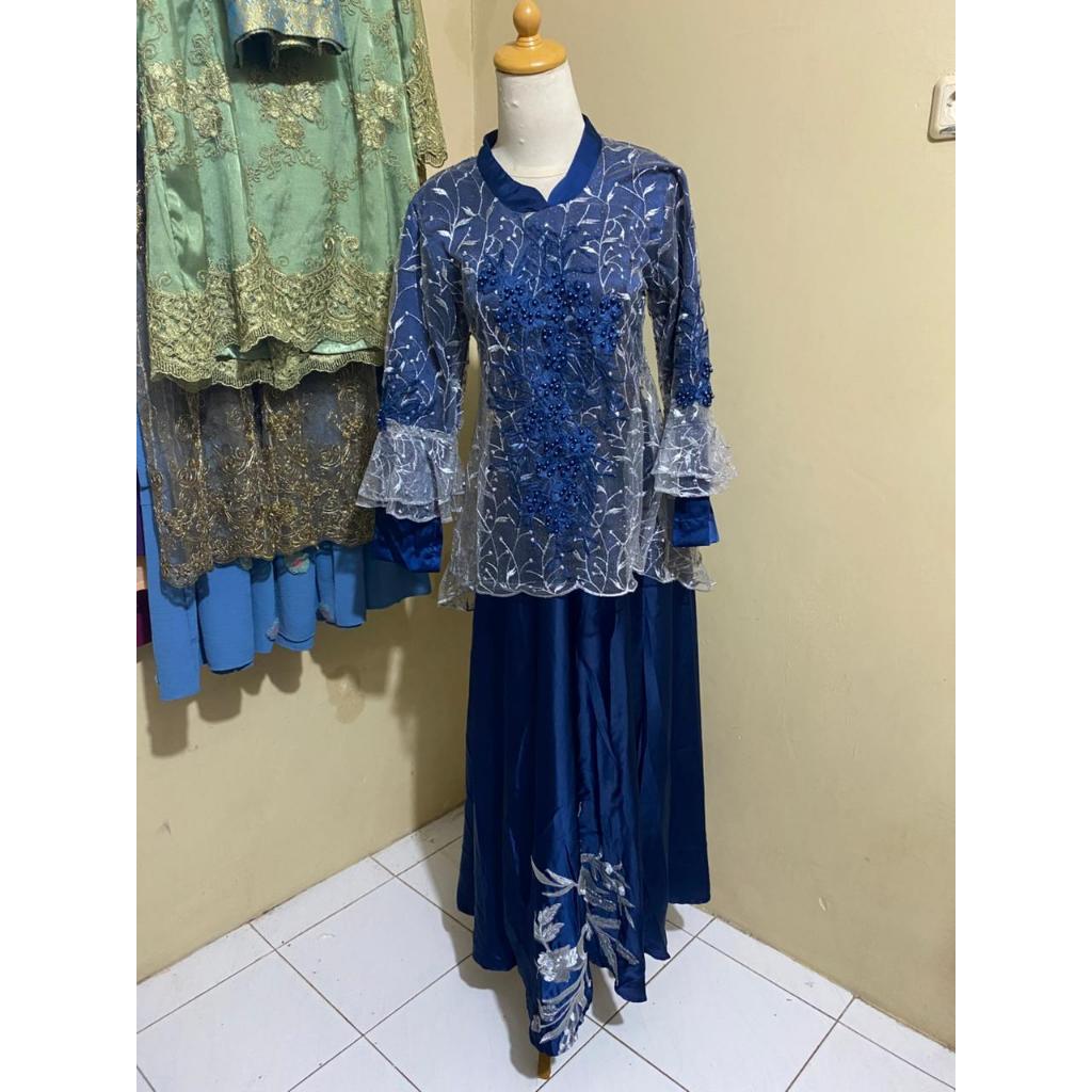 Setelan Gamis Biru Elegan Preloved Wanita | Dress Pesta Muslimah Brokat Tile Bordir