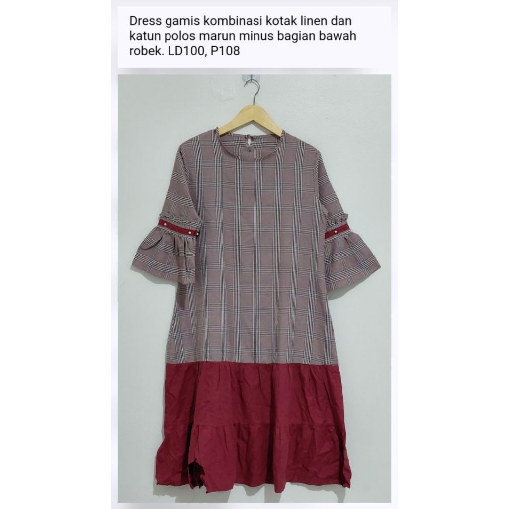 Dress gamis kombinasi kotak linen dan katun polos marun pernah dipakai minus bagian bawah robek