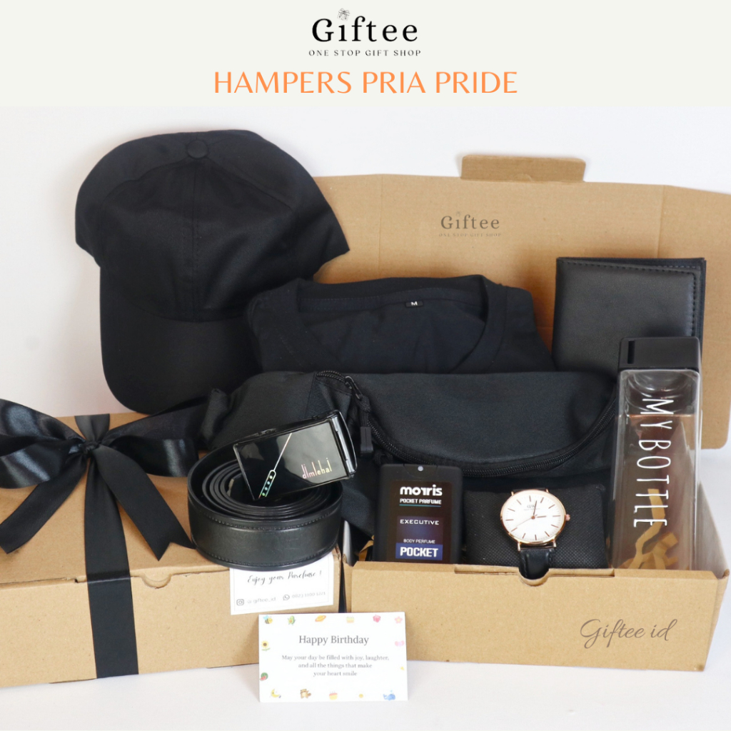 HAMPERS PRIA PRIDE KADO ULANG TAHUN COWOK KAOS JAM PARFUM TAS TOPI DOMPET HADIAH WISUDA
