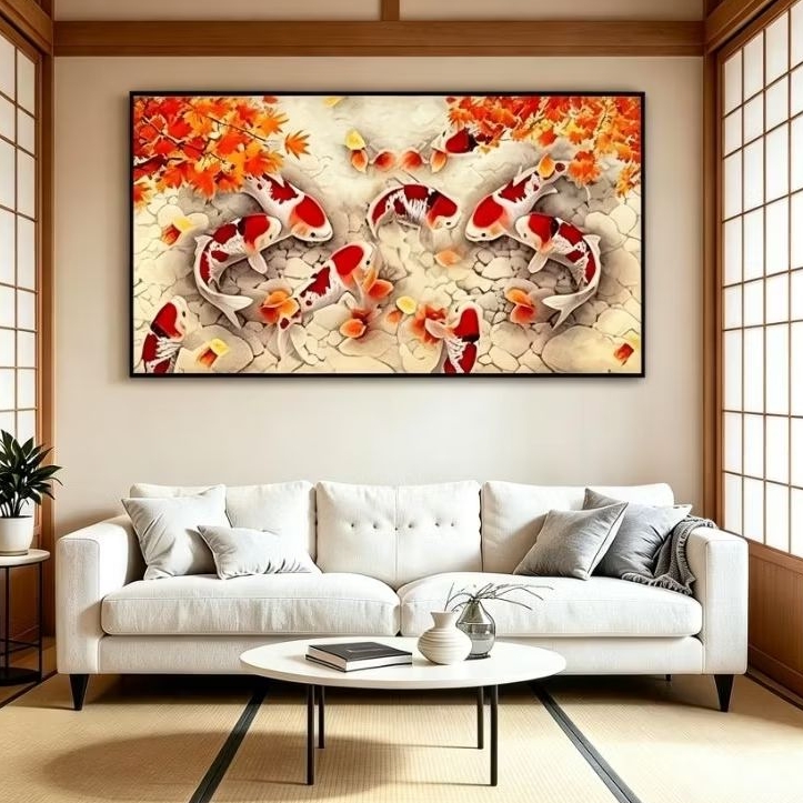 Lukisan Ikan Koi 9 Ekor Fengshui Kanvas Abstrak Minimalis Handmade - Hiasan Dinding Dekorasi Ruang T