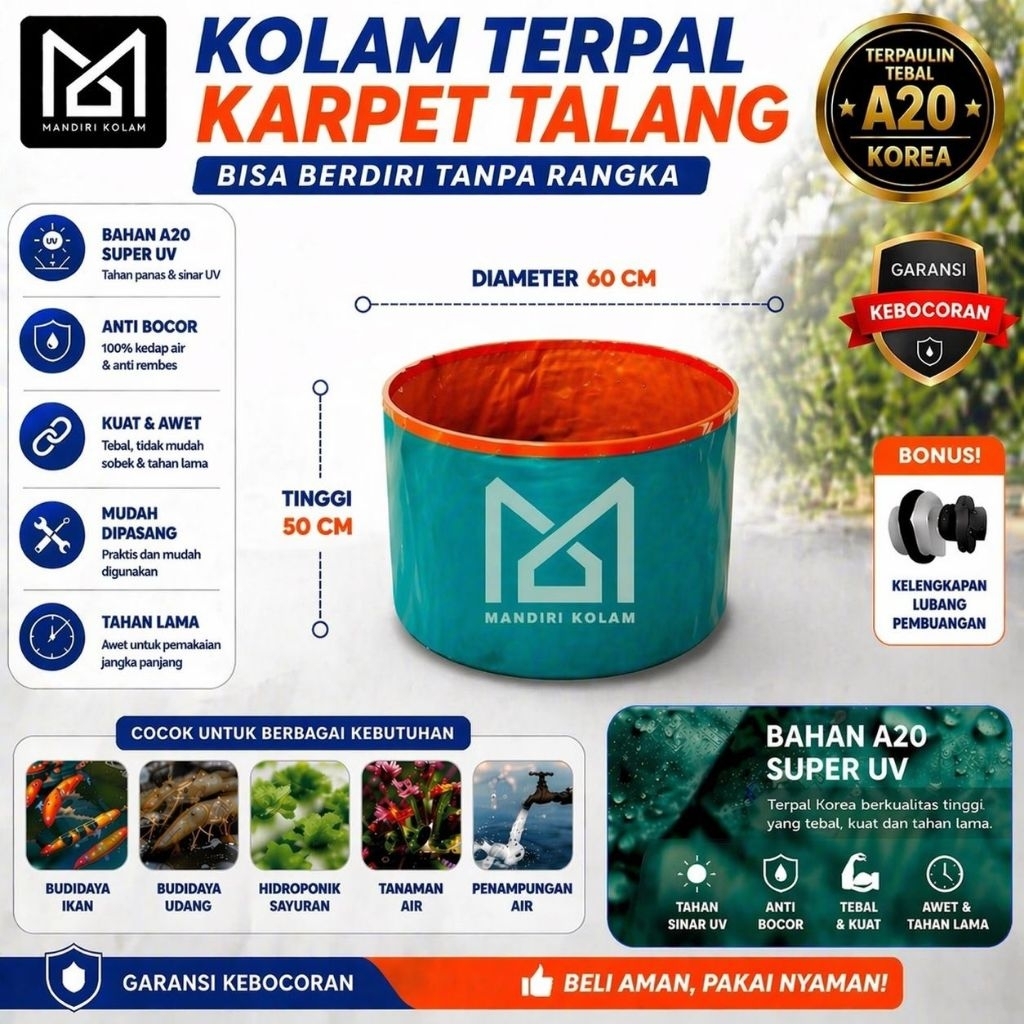 Kolam Terpal Bulat Tanpa Rangka Diameter 60 Tinggi 50 - Kolam Terpal  Ikan Lele Kolam Anti Bocor