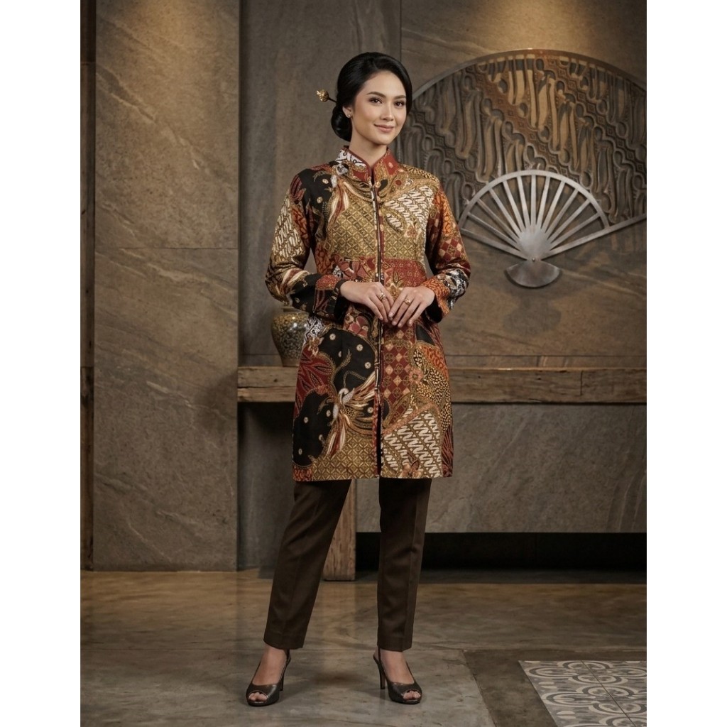 Baju Batik Perempuan | Batik Tunik Wanita Lengan Panjang Motif Parang Sawung - Penutup Depan Resleti