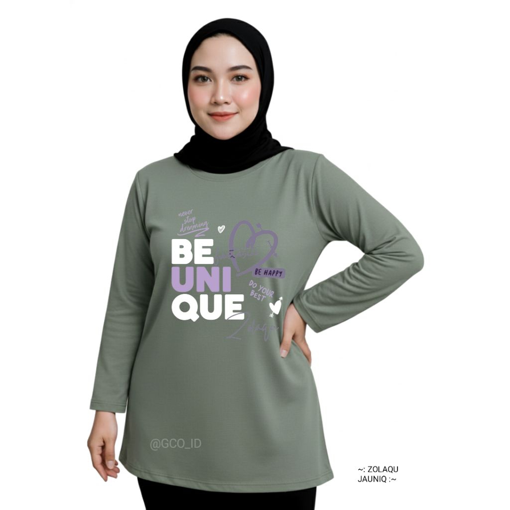 Kaos Semitunik Zolaqu Original Terbaru 2025 Hijau Sage | Oversize ZLQ Tunik Motif Bulan Lengan Panja