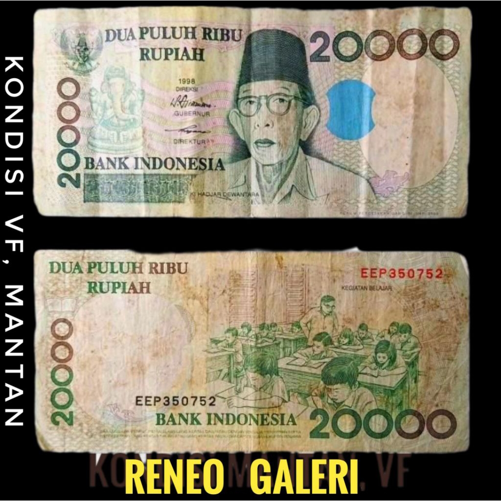 VF 20.000 Rupiah Ki Hajar Dewantoro tahun 1998 Rp 20000 uang kertas kuno duit lama KH Dewantara asli