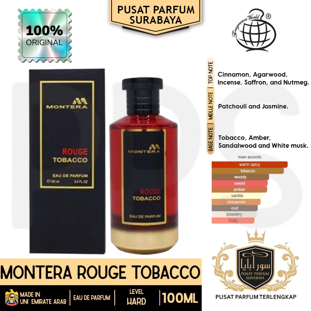 Montera Rouge Tobacco by Fragrance World Parfum Unisex 100% Original made in dubai 100ml/30ml/10ml E