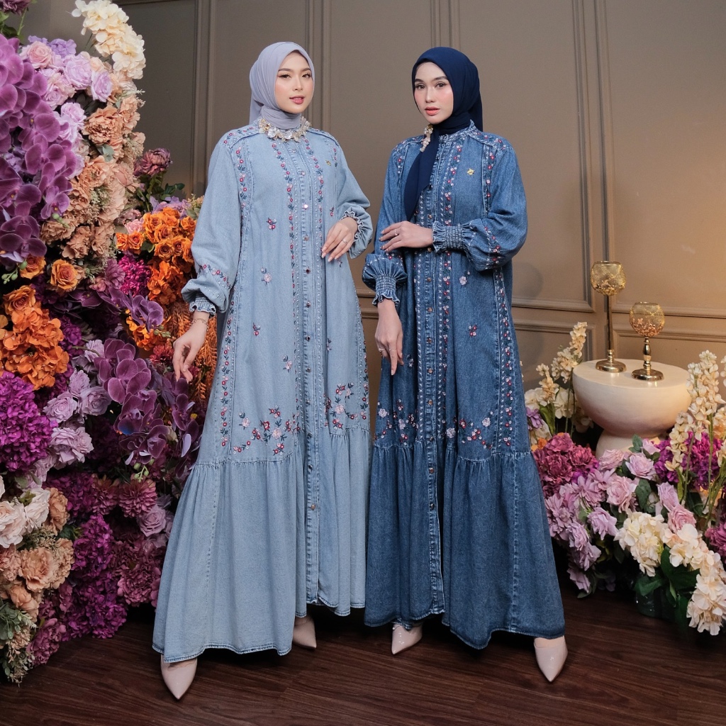 Dumma.id Pakaian Wanita Mayaka Dress Original Washjeans Aksen Bordir Gamis Mewah