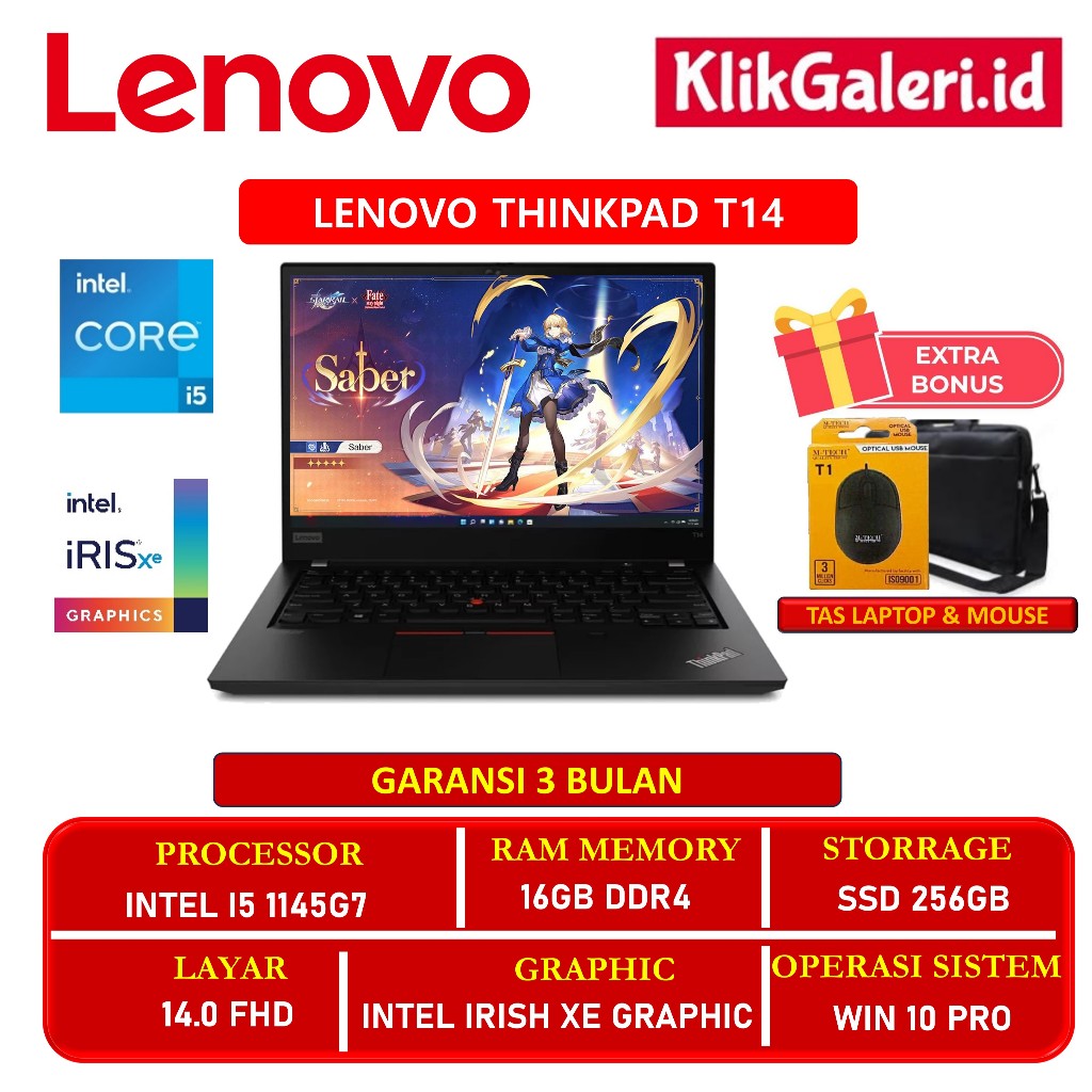 Lenovo ThinkPad T14 Gen 2 i5-1145G7 RAM 16GB SSD 256GB 14" FHD Win10 Pro Black | Laptop Bisnis Mulus
