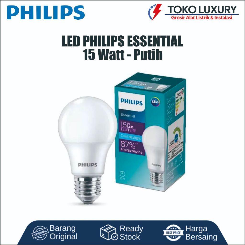 Lampu LED Philips 15 Watt Essential Putih E27 Terang Maksimal Hemat Listrik Bohlam Philips Original