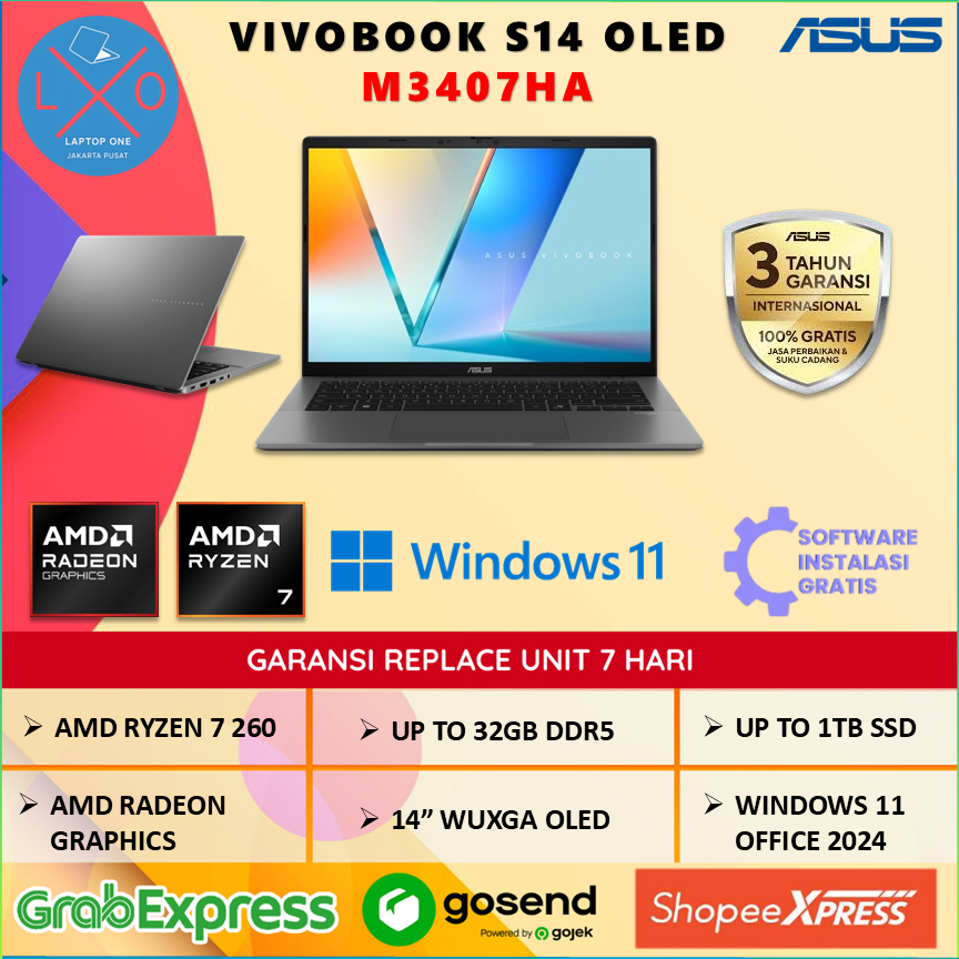 Asus Vivobook S14 OLED M3407HA Ryzen 7 260 32GB 1TB 14.0" WUXGA Windows 11 + OHS - Laptop OLED Murah