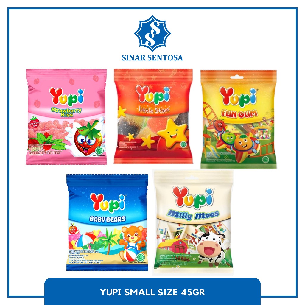 Yupi 45gr Permen Jelly Gummy Aneka Rasa Strawberry Kiss Baby Bears Fun Gum Milly Moos Little Stars S