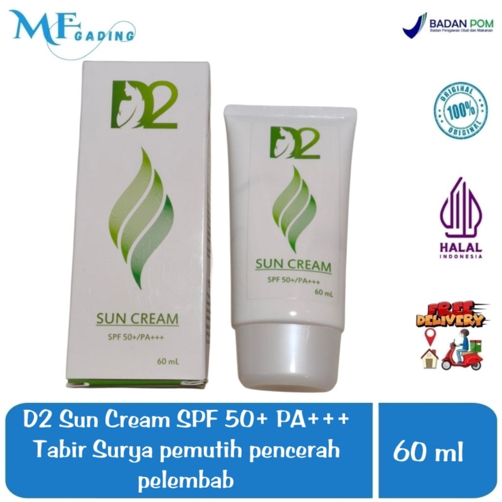 D2 Sun Cream SPF 50 + PA +++ kemasan TUBE 60 ml - sunscreen waterproof - tabir surya pencerah pelemb