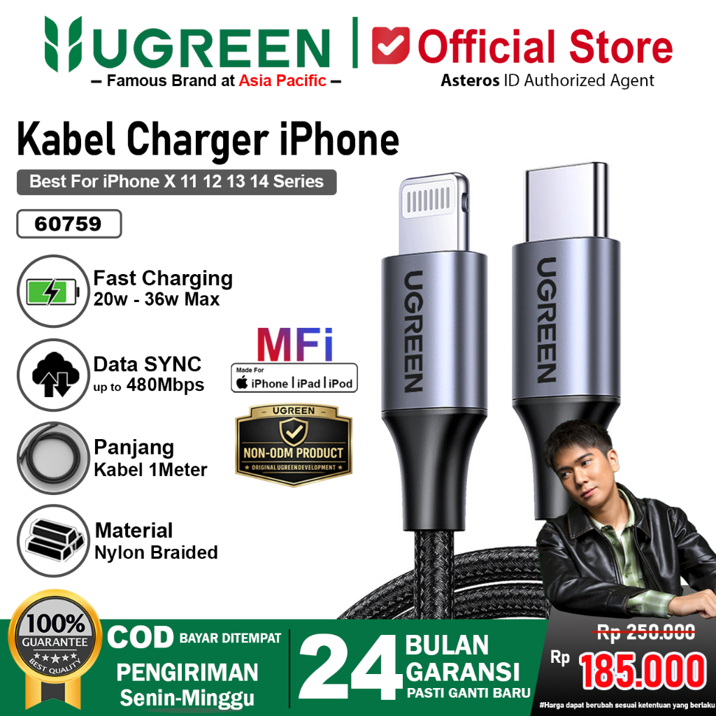 UGREEN Kabel Data MFi Fast Charging iPhone 14 13 12 11 Pro Max Charger USB Type-C To Lightning Nylon