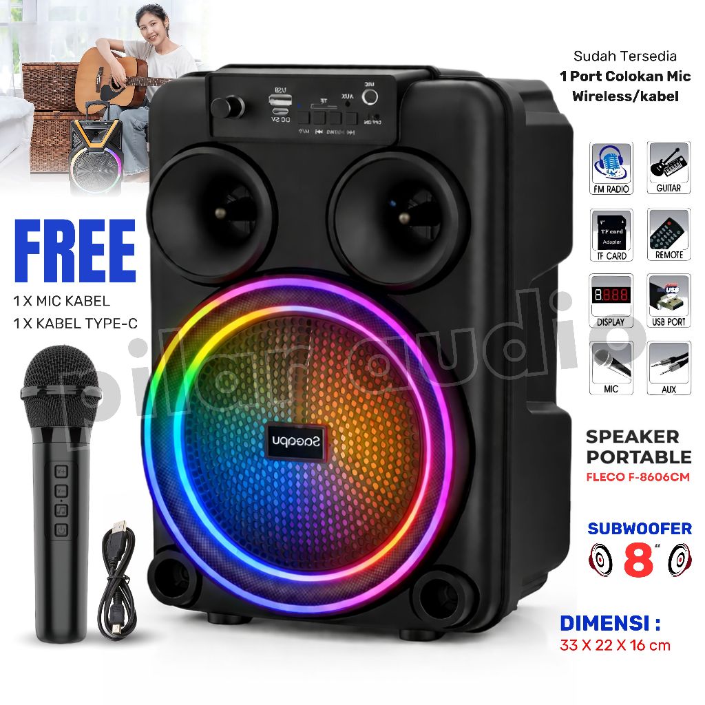 Speaker Bluetooth FLECO F-8606CM 8 Inch Free Mic Wireless Karaoke + Kabel Cas TYPE-C - Speaker Karao