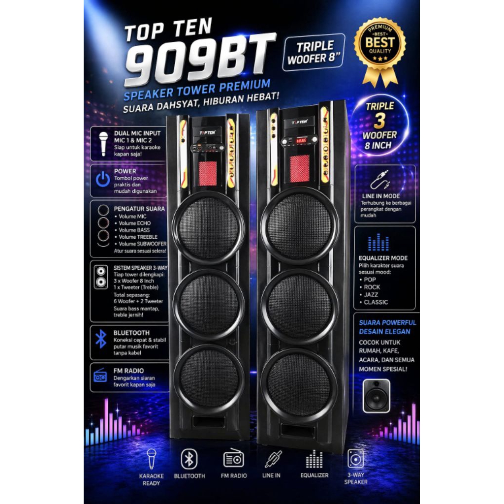 speaker aktif TopTen SB-909BT (triple Wofer ukuran 8 Inch)