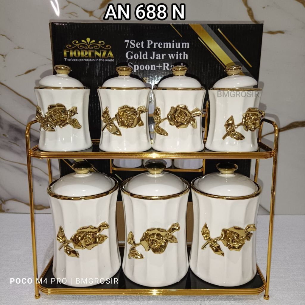 Tempat Bumbu Keramik FIORENZA 7 Pcs Set Rak Gold Elegant
