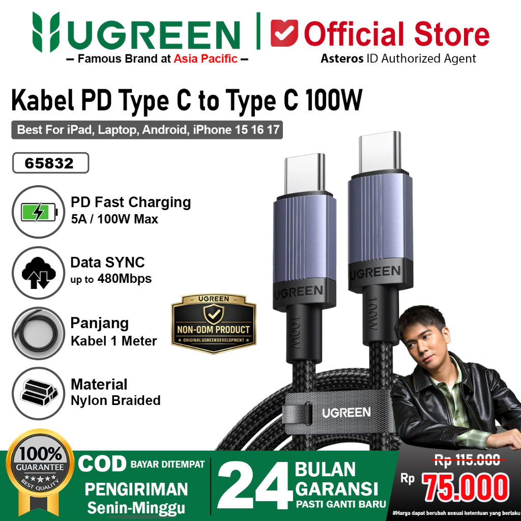 UGREEN Kabel Data Type C to Type C 100W Fast Charging PD 2.0 3A 5A 6583 1 Meter 2 Meter 3 Meter