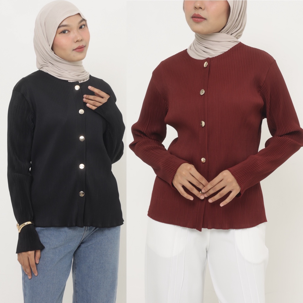 Moralis - Rena Cardigan Pleats Cardigan Wanita Plisket Kancing - Outer Rajut Lengan Panjang - Atasan