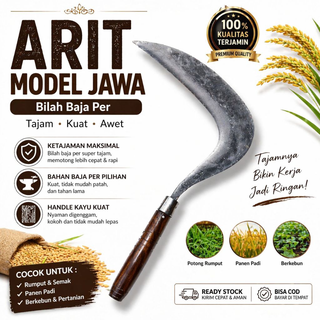 Sabit Rumput Madura Baja Per Super Tajam Gagang Kayu Sonokeling Pin Kuat | Arit Rumput Petani