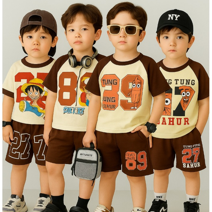 Setelan Anak Laki-Laki Korea Style Outfit Santai Motif Trendy Jersey Usia 1-10 Tahun Bahan Katun
