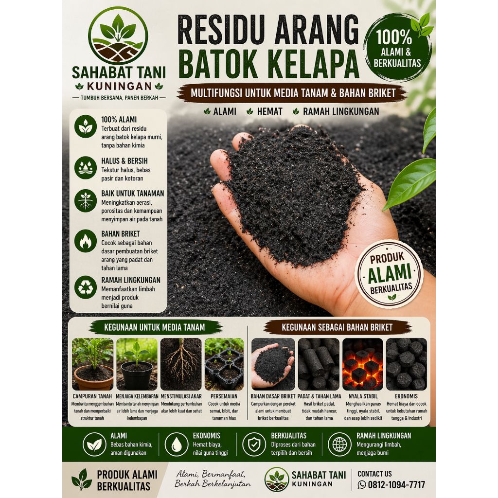 Residu arang batok kelapa kemasan 10kg | Serbuk arang batok kelapa bahan briket kemasan 10kg